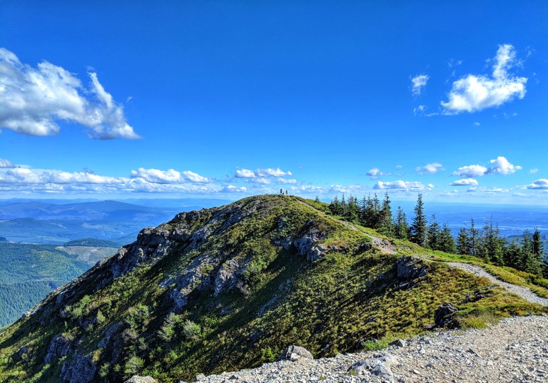 A trail leads to a mountain summit with overlooking a forested valley far below. 
