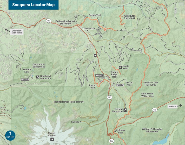 A map showing the Snoquera northeast of Mount Rainier National Park