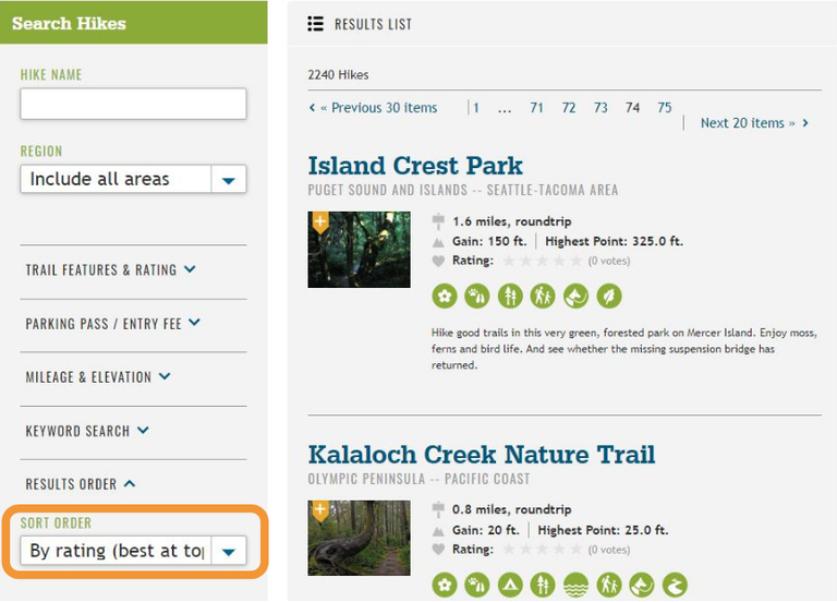 An example of how to sort by rating on WTA's Hiking Guide.