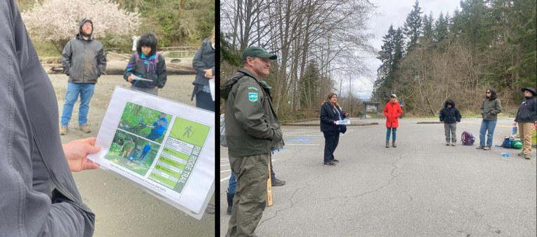 In two photos, one of a map in a person's hand. And one of a State Parks employee talking with the ELP cohort at a trailhead. 