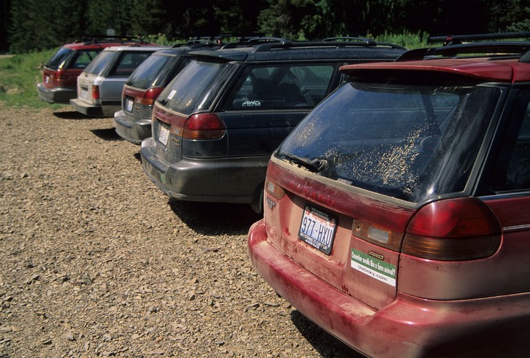 A row of various Subaru cars parked at a dirt trailhead.