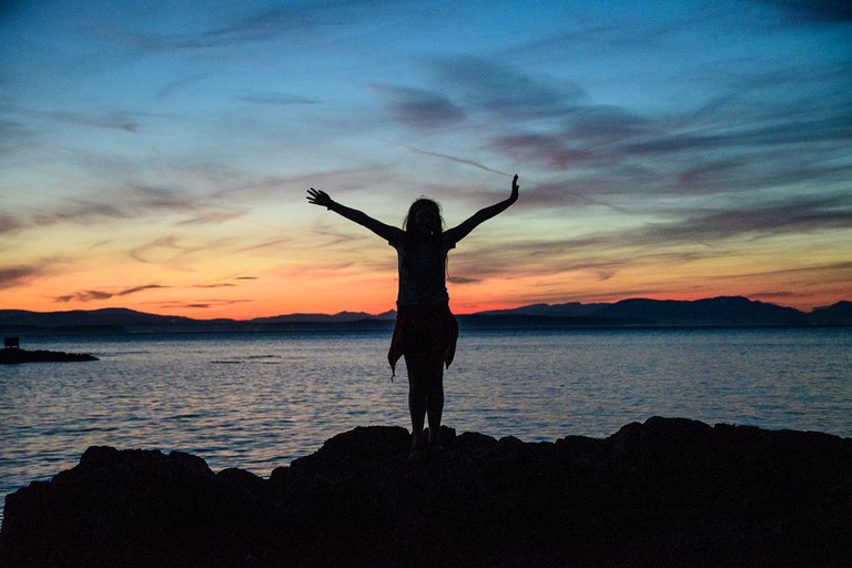 A silhouette of a person looking out at a sunset.