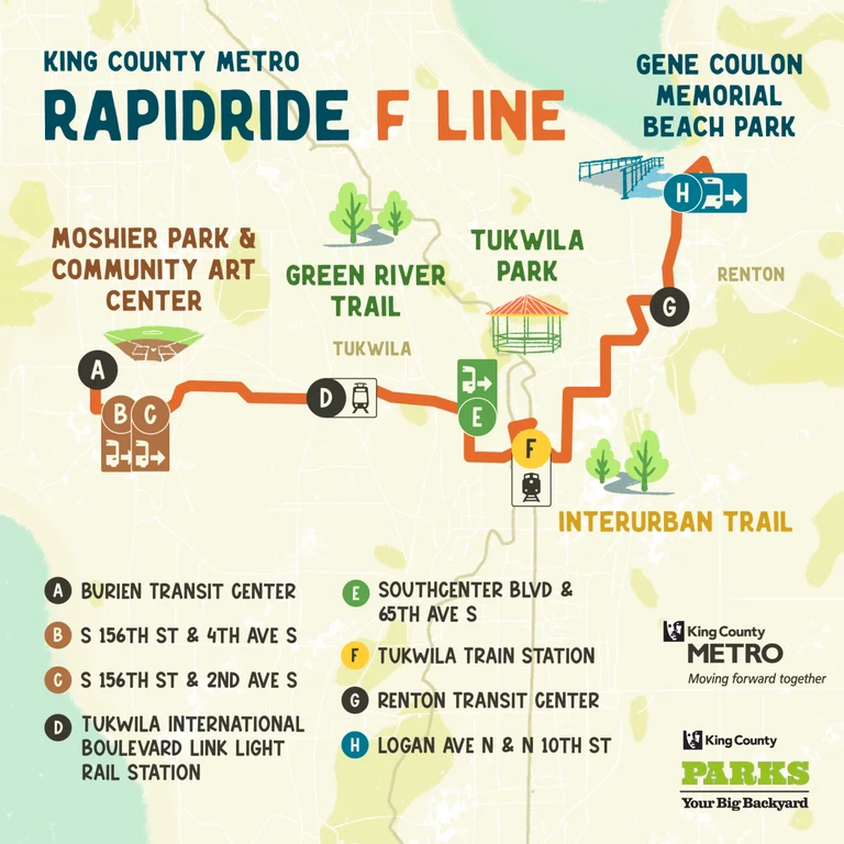 Graphic showing the path of King County Metro RapidRide F Line to outdoor destinations