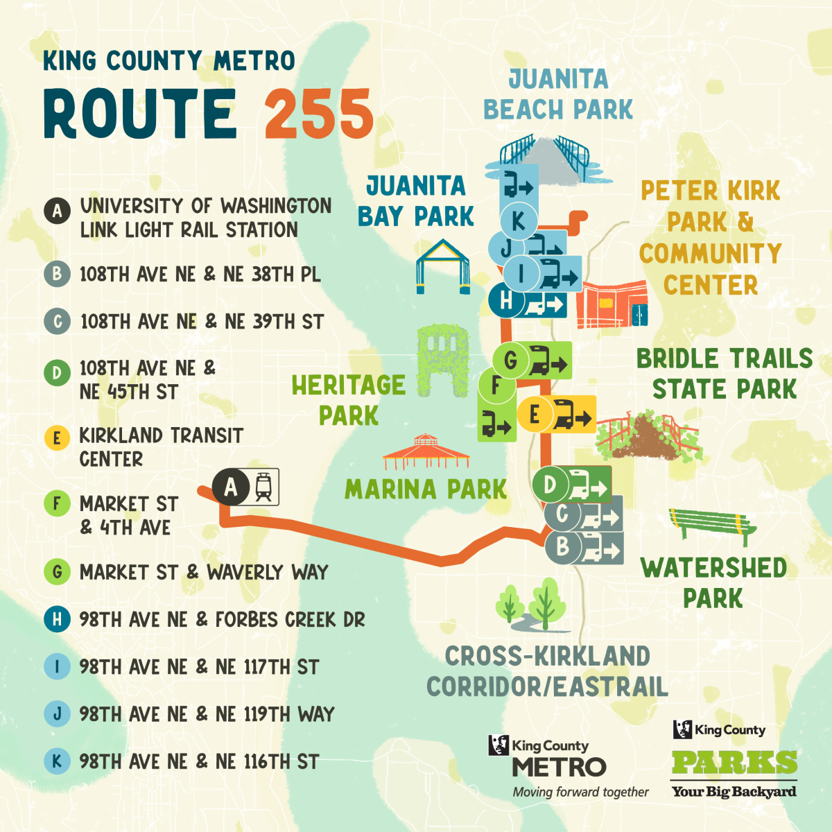 Graphic showing the path of King County Metro Route 255 to outdoor destinations