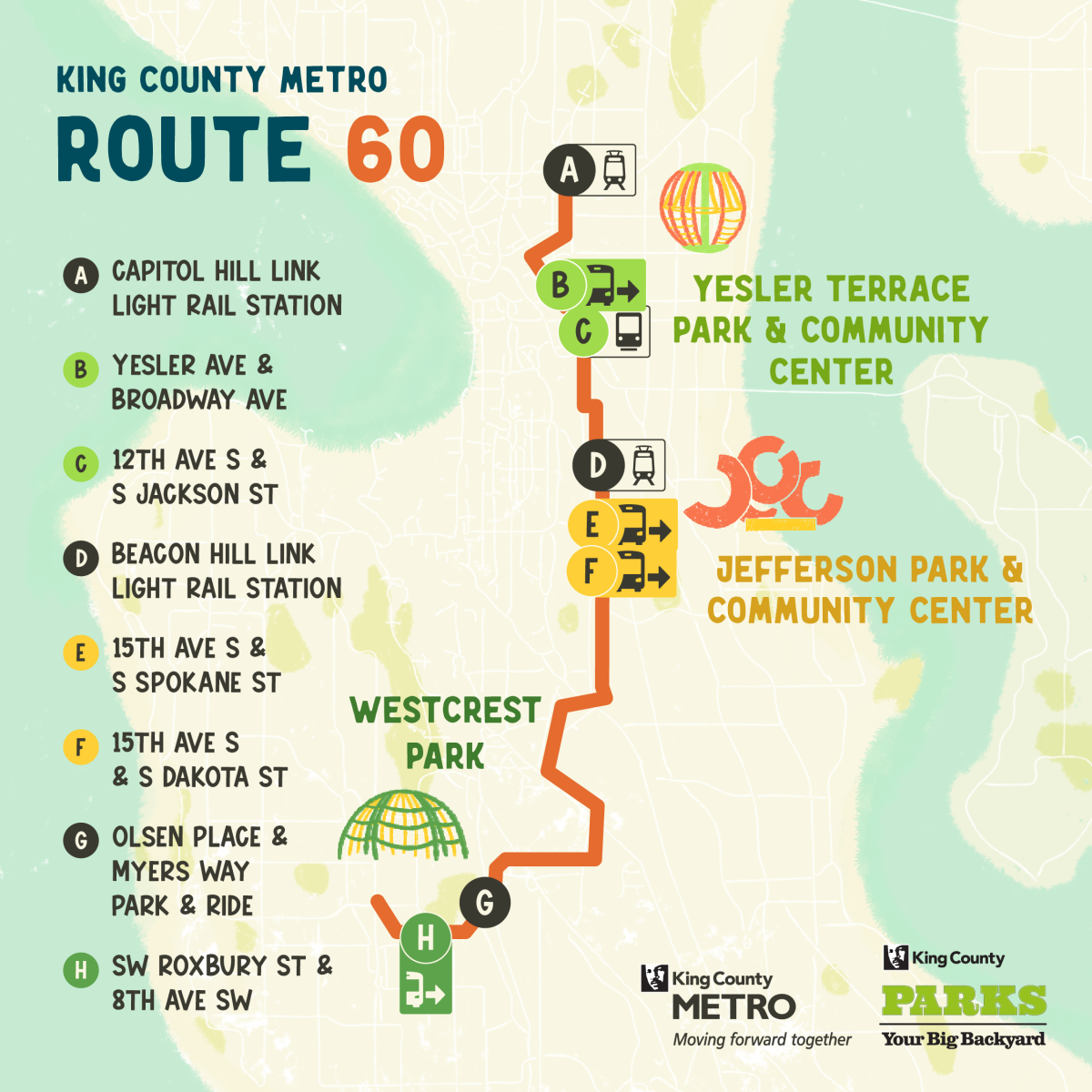 Graphic showing the path of King County Metro Route 60 to outdoor destinations