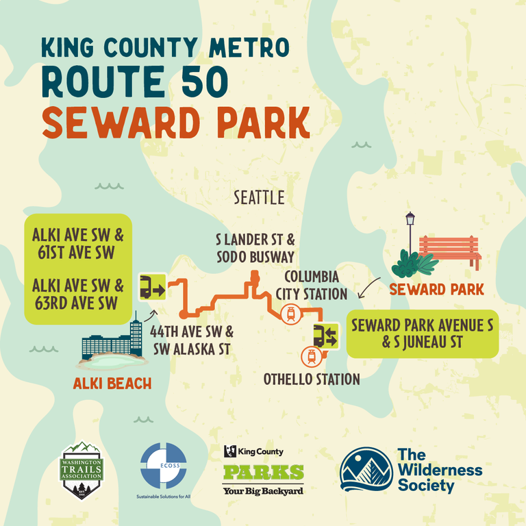 Graphic displaying King County Metro bus 50 that starts with a West Seattle stop to the west and a Seward Park stop to the east.