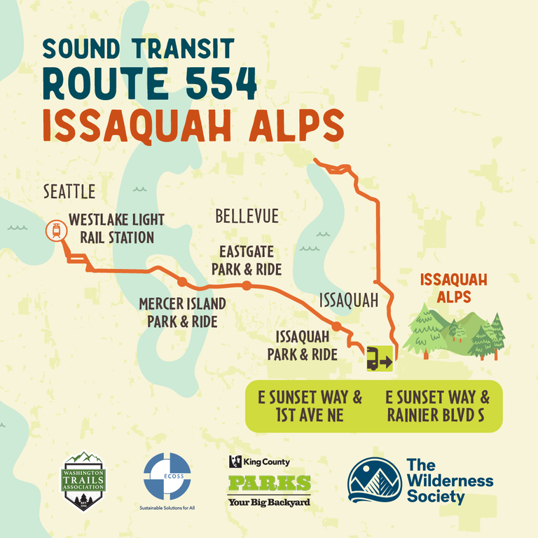 Graphic displaying Sound Transit 554 route from Westlake light rail station to the West and Issaquah Alps and beyond through the East.
