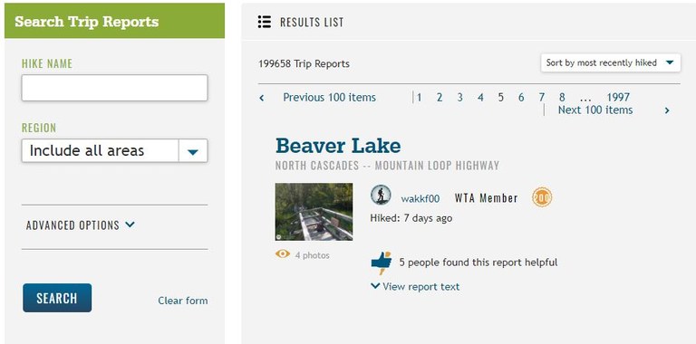 A screenshot of the wta.org/tripreport landing page.