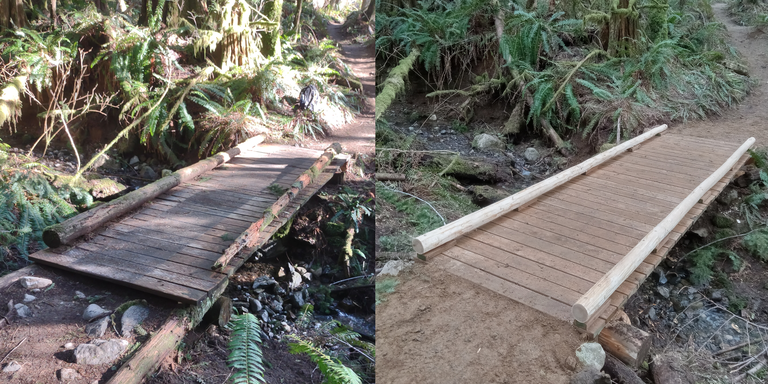 Two photos are stitched side by side. One is of an old, decrepit bridge, while the other is of a brand new bridge.