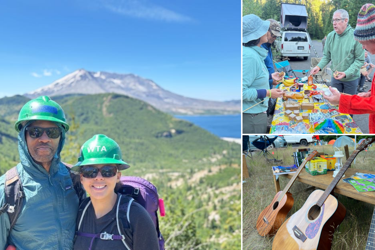 Photos: Volunteers post with Mount St Helens, group gathers around a snack table, guitars rest.