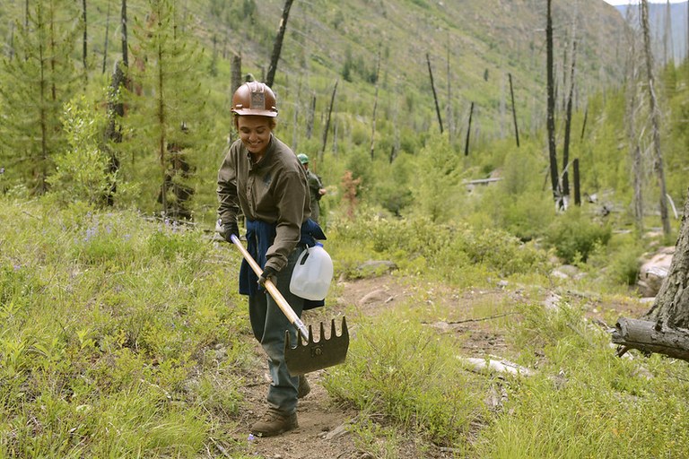 A member of the Lost Trails Found Northwest Youth Corps Crew working on a trail in the Pasayten.