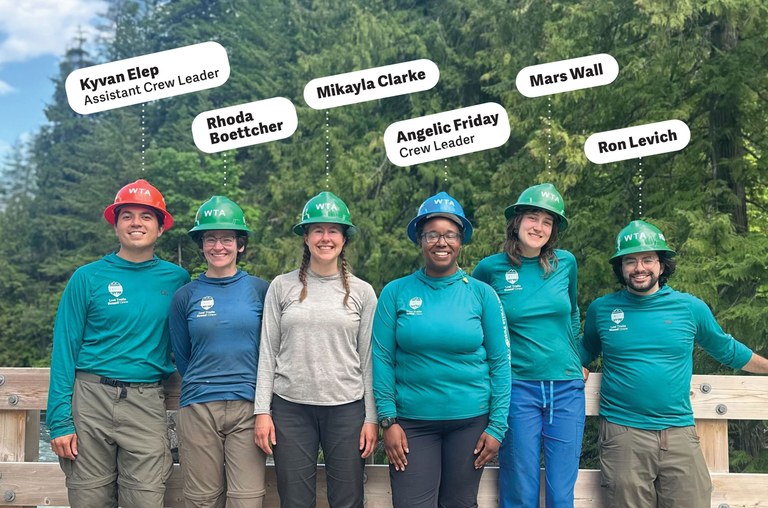 LTF crews are high energy early in the season, excited to take on the projects the season presents. Photo by Angelic Friday An LTF crew stands shoulder to shoulder on a wooden bridge. A graphic extends above them naming each member. Left to right: Kyvan Elep, Rhoda Boettcher, Mikayla Clarke, Angelic Friday, Mars Wall and Ron Levich.