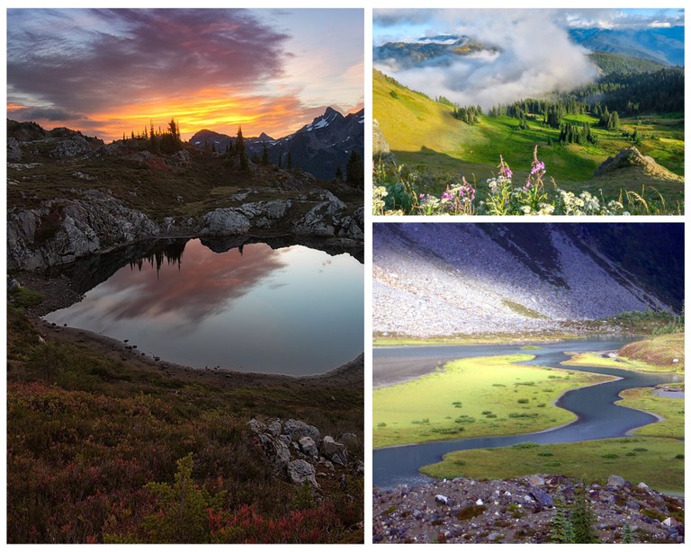 Collage of mountain land lake views