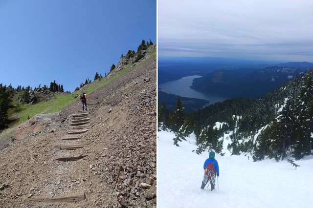 Left: Mount Ellinor in spring of 2015. Right: spring 2016, showing just how different a normal snow year is. Photos by trip reporters Mike and vermontbear.