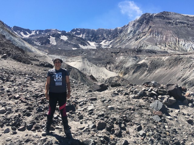 WTA staffer Layla Farahbakhsh at Mount St. Helens, the mountain that has moved into her heart. 