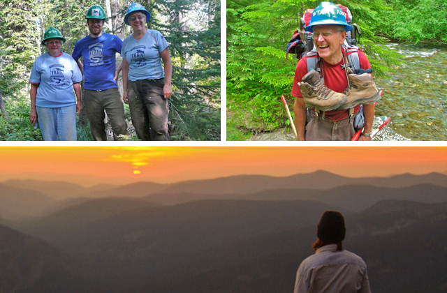Thunder Mountain affords visitors expansive views of the Salmo-Priest, from sunrise to sunset. Photos: 20th Anniversary Volunteers and Randy Greyerbiehl - WTA staff, Sunset - Taylor McDowell