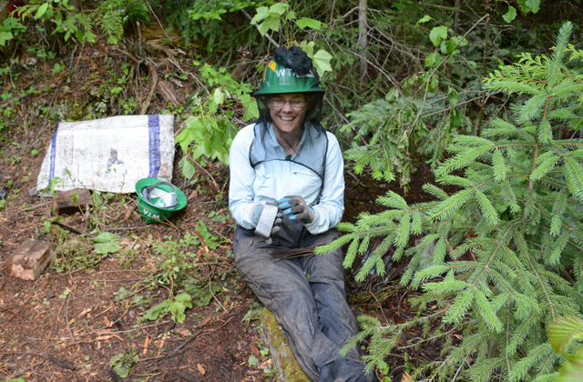 Neither rain, nor wind, nor clouds of gnats can keep Bev away from volunteering on trail. Photo by Loren Drummond. 