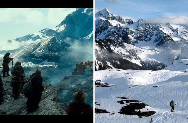 The City of Vale/Desolation of Smaug and a view of Mount Shuskan snowshoeing Artist Point. Photo by Evan Buehler