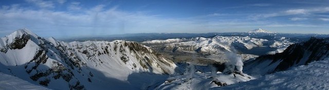 A panoramic view looking into the crater, Spirit Lake and Mount Rainier in the distance in early February, 2012. Photo by blackbears11. 