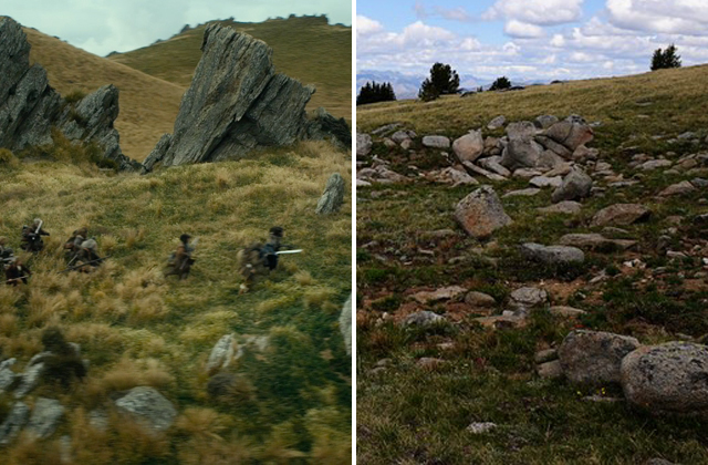 In the shot from the first film, the traveling party flee danger across a rocky landscape that looks an awful lot like Tiffany Mountain in the Okanogan Highlands. Photo by cascadehikers