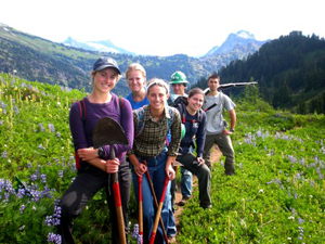 A college-aged crew worked a week on trail in Meander Meadows this year. WTA worked 170 trails all over the state.