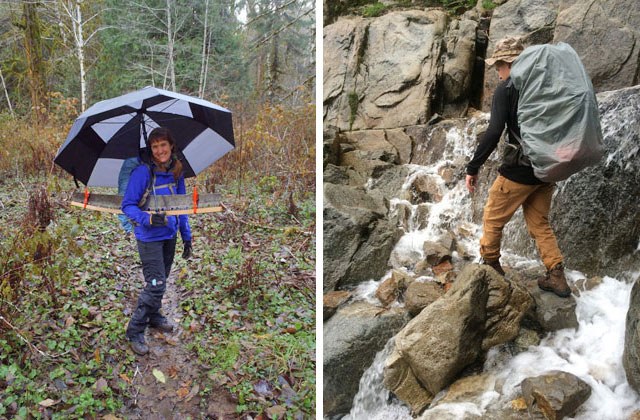 An umbrella can help keep you dry on a wet hike to a work site, while pack covers (and inner liners) can help you keep the contents of your bag dry. Photos (l to r) by Meagan Mackenzie and Benjamin Bloomquist. 