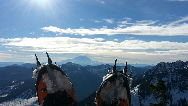 Trip reporter nashearer braved snow and ice to score this spikes-up prime lunch spot on Snoqualmie Mountain. 