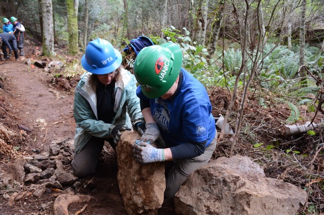 Crew leader Barbara and volunteer Janice work together on the John Tursi Trail. Photo by Steven Moore