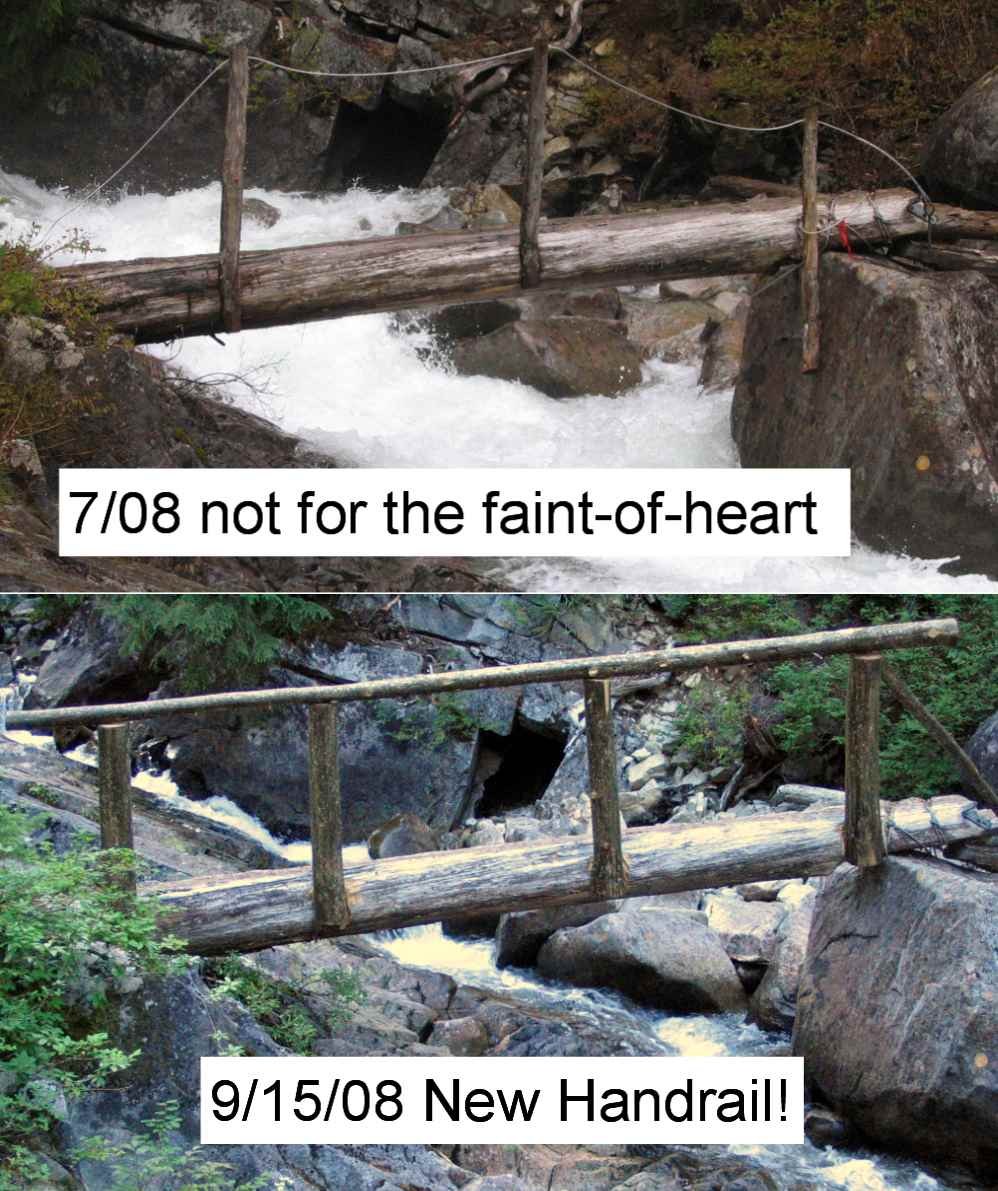 Brand-new handrail on the log bridge, Necklace Valley #1062. Thanks, it was thrilling at high water before. Cascade Liberation Organization.