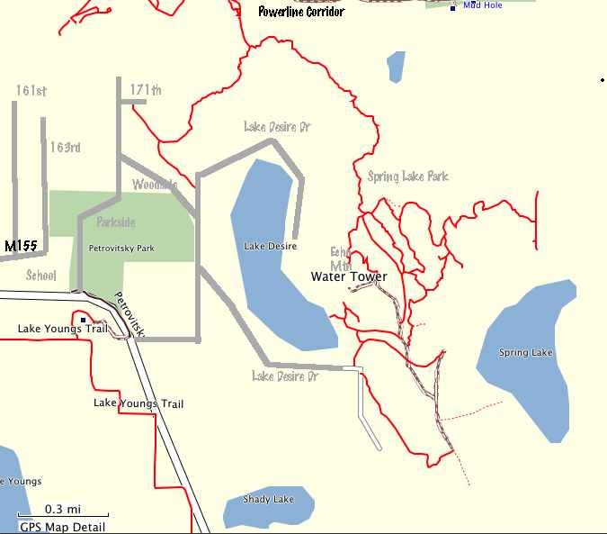 Map of Lake Desire area trails, generated by hikers with GPS recievers