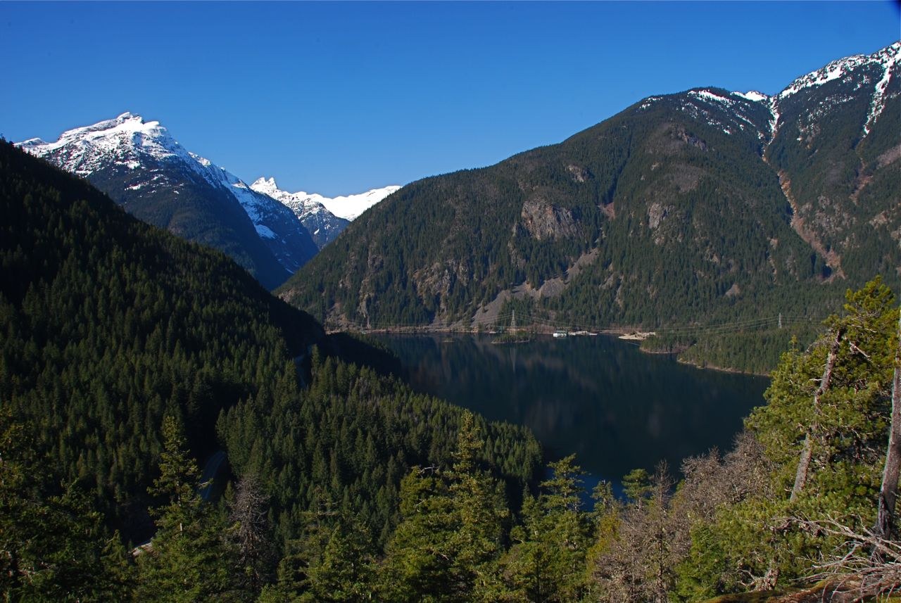 Diablo Lake with Davis Peak, McMillan Spires (?), and west end of Sourdough Mt in background