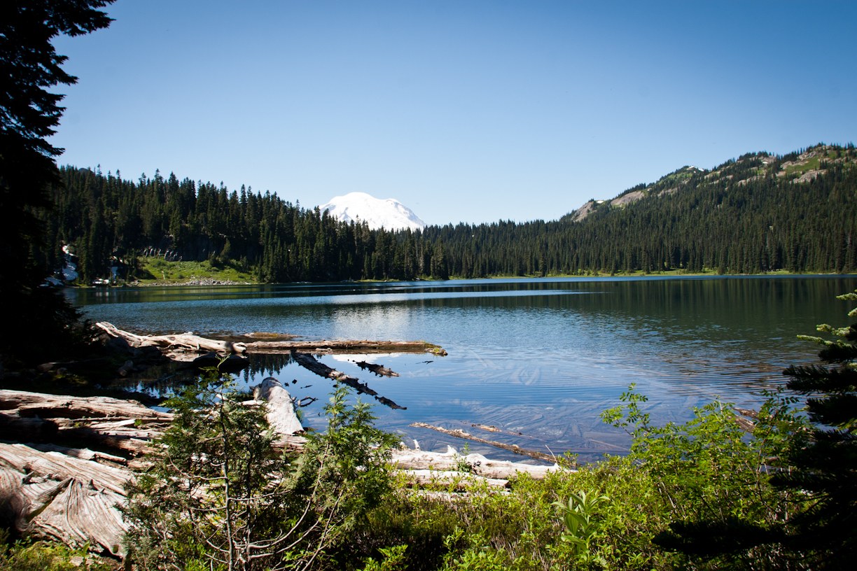 View of Mt. Rainier from the far end of Dewey Lake. Photo by: Megan Michaelis Photography www.meganmichaelisphotography.com
