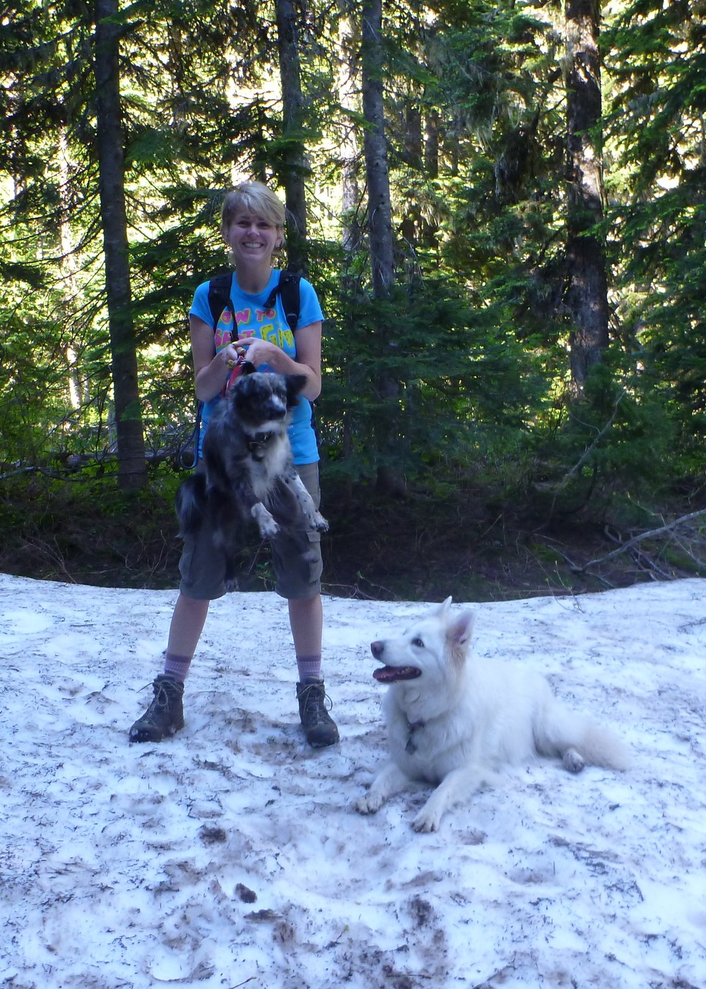 Myself with the dogs at the snowy area - Sparrow the Mini Aussie and Bheria the White German Shepherd