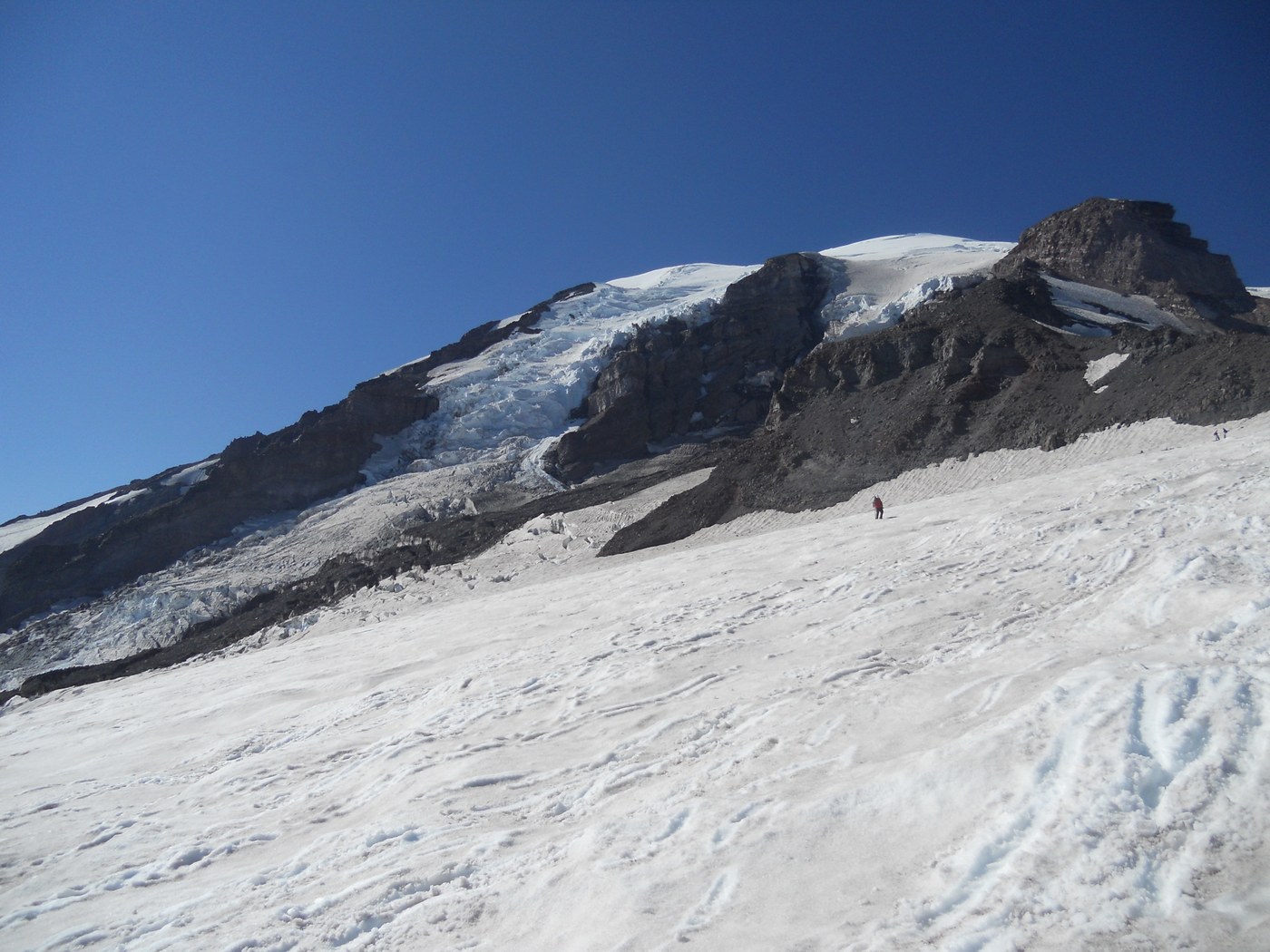 Descending (Camp Muir in the upper right hand corner)