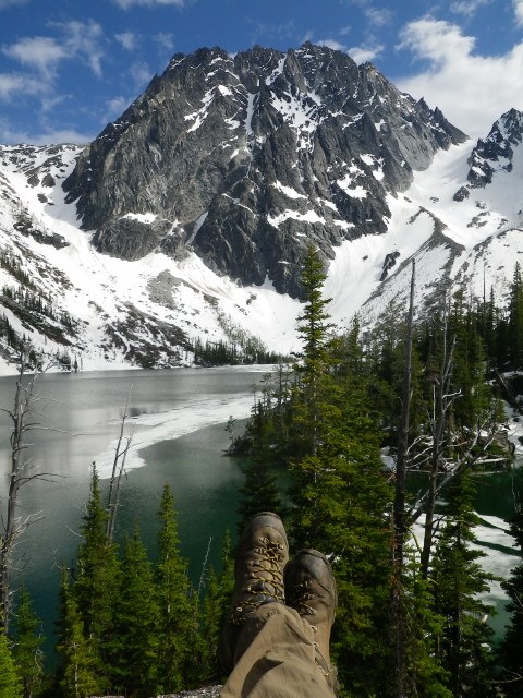 Boots-up at Lake Colchuck, with Dragontail Peak and Aasgard Pass in the background.