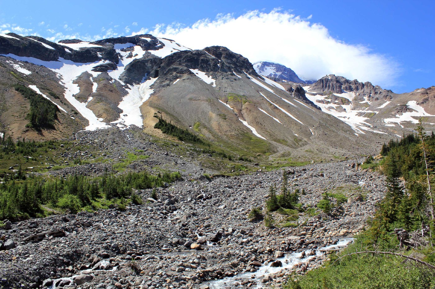 Glacier Basin showcasing Mt. Ruth, The Wedge and Mt. Rainier with partial cloud cover.