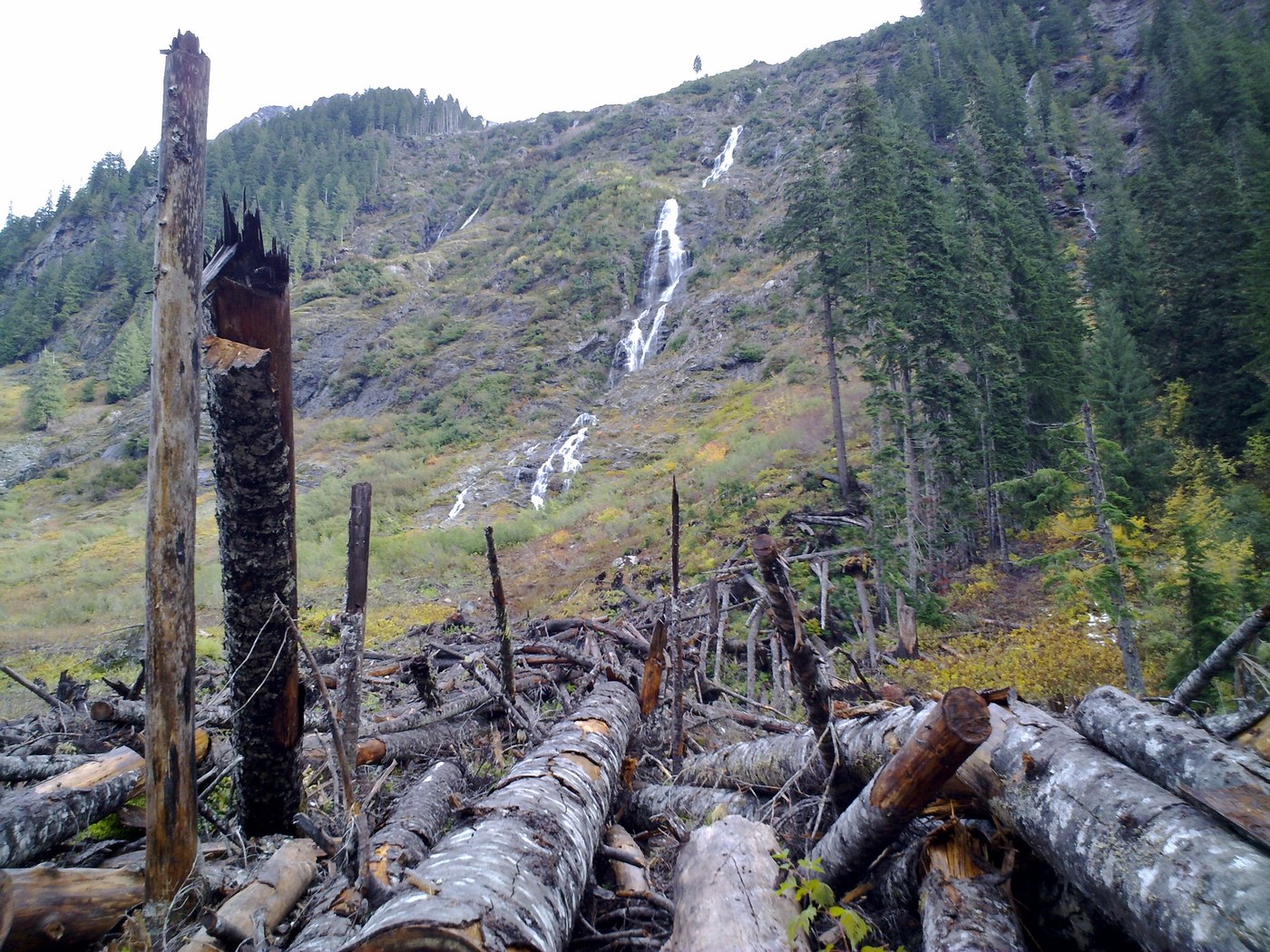 Waterfalls and avalanche debris along Gold Creek