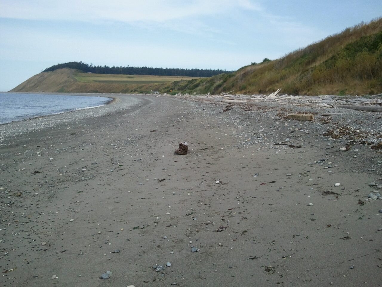 Ebey's Landing ahead. I thought someone had left a pair of boots sitting on the beach but it turned out to be a piece of driftwood on closer inspection. By R. Roberts