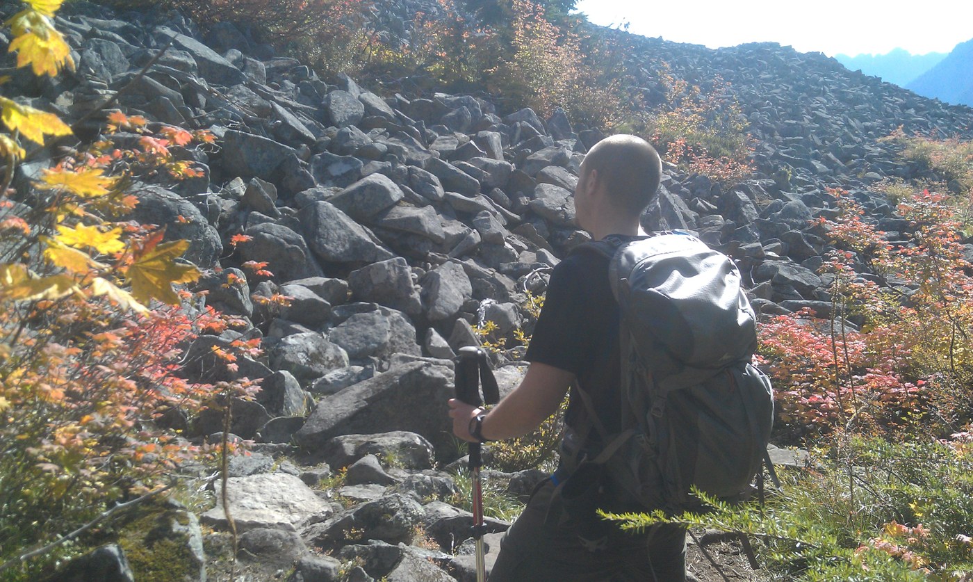 My buddy looking at the talus slope.