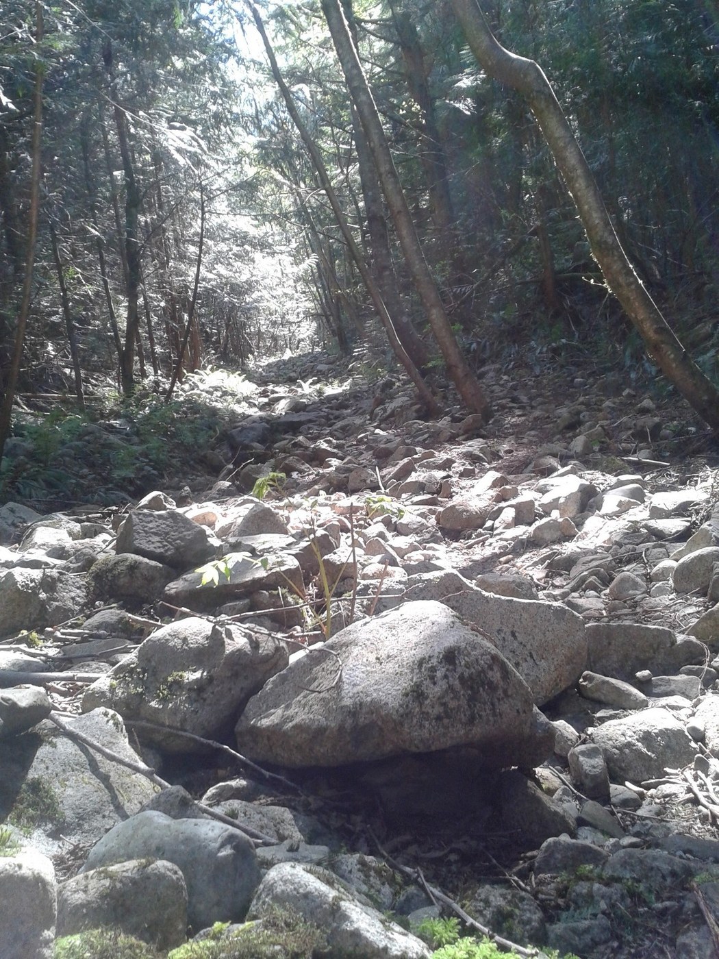 large rocks, rugged trail