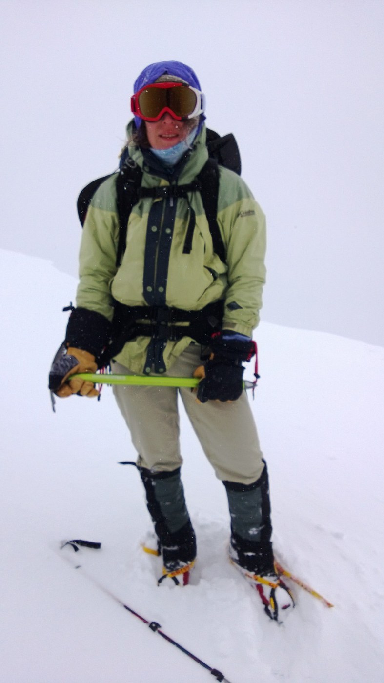ice axe, crampons, gaiters, goggles, and snow shoes were all necessary on this particular day...