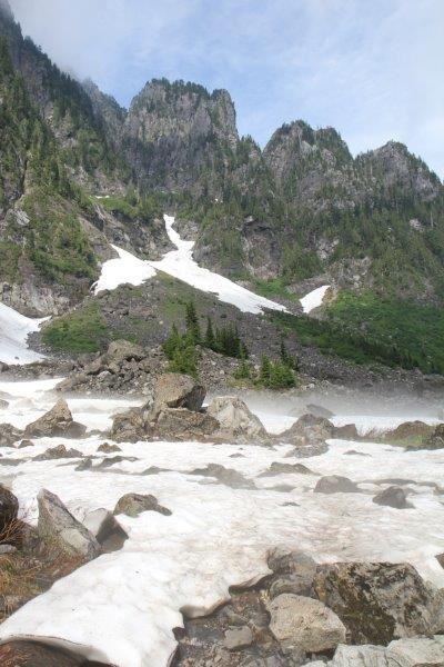 End of the trail and the snowfield...another few weeks and you can probably get all the way around the lake. photo: Hannah Hurey