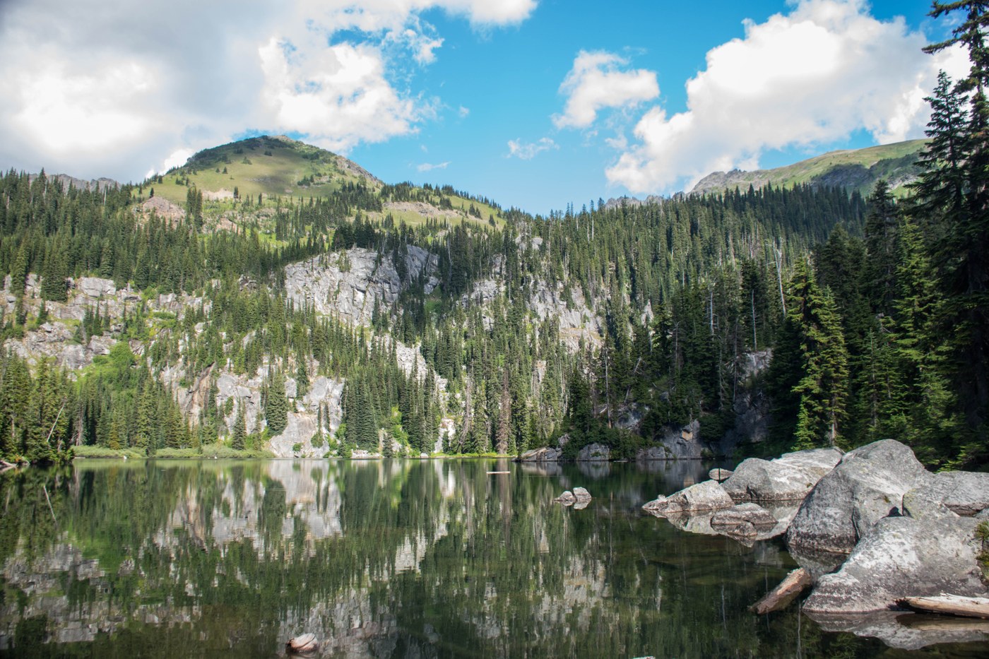 Lake Margaret from the rocky boulders. You can see some waterfalls in the distance from here!