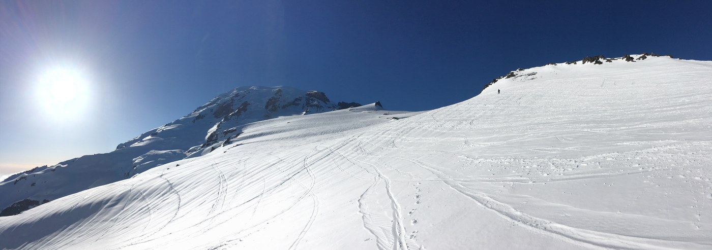 Looking towards Camp Muir and approaching the Sugarloaf (7,800')
