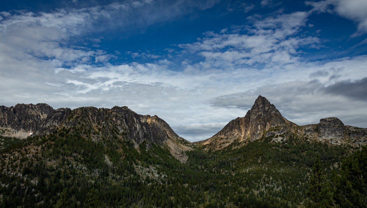 Amphitheater Mountain and Cathedral Peak looking west from the Boundary Trail