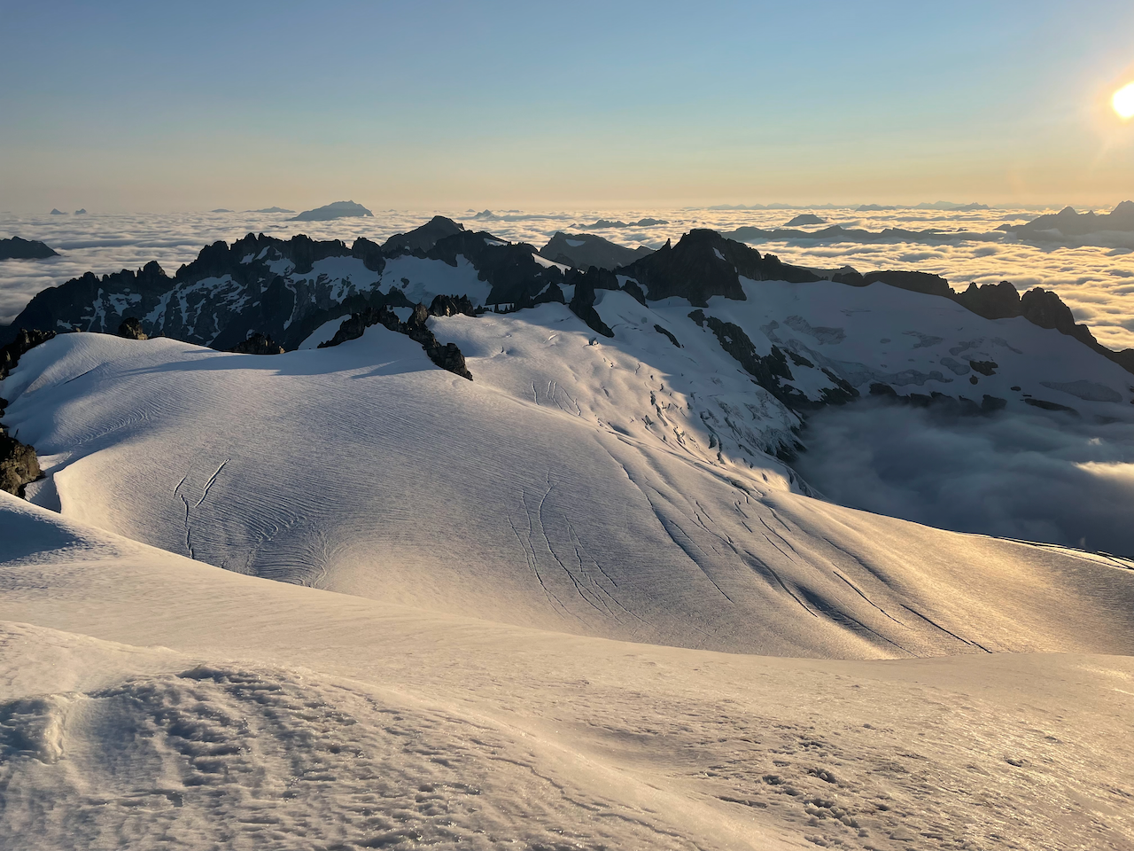 Klawatti, Austera, Tepeh Towers, etc, from Eldorado, with Inspiration glacier in the foreground