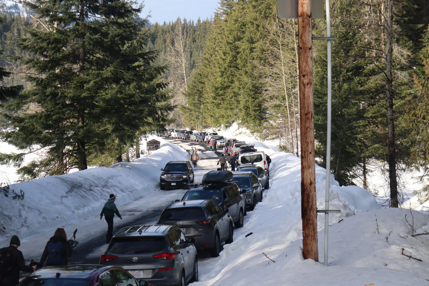 Parking by the Gold Creek Pond Snowshoe trailhead about midday