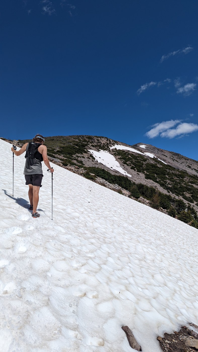 One short snow patch on sunrise trail connecting glacier basin trail to Burroughs