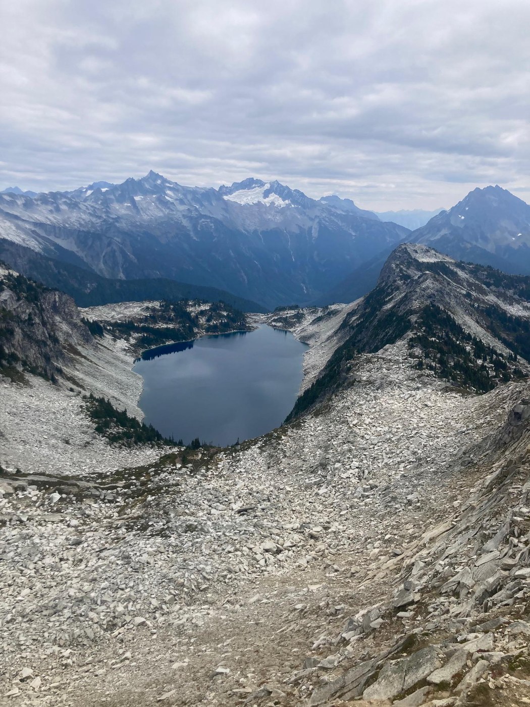 Morning view of Hidden lake with the clouds rolling in.