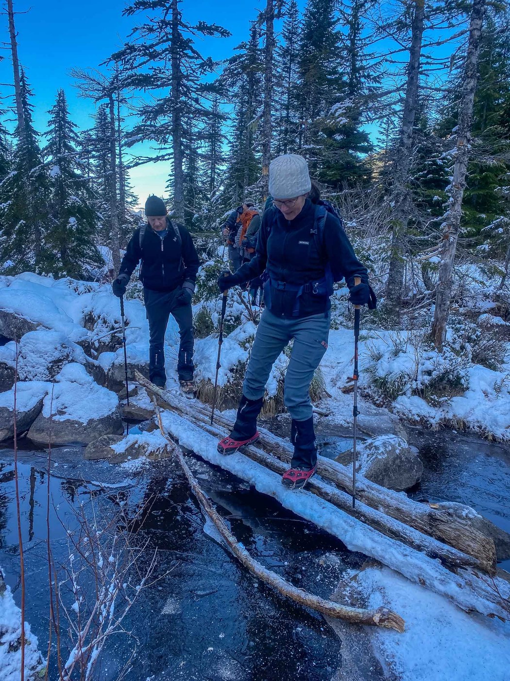 Side stepping across the icy log. C.W. Schurman